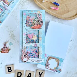 Kartka w pudełku - Urodziny dziecka - Urocze króliczki z konfetti