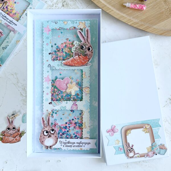 IMG_1481 Kartka w pudełku - Urodziny dziecka - Urocze króliczki z konfetti